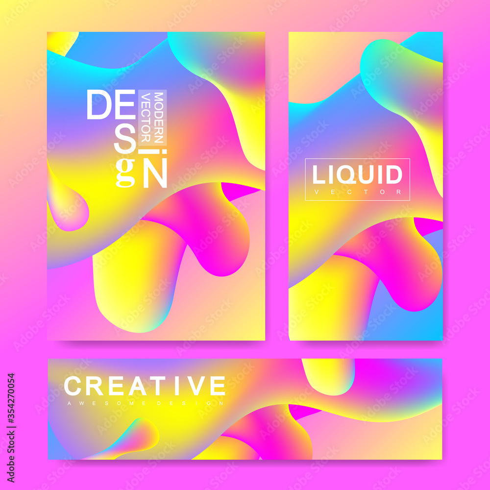 Poster Vector design template in trendy vibrant gradient colors with abstract fluid shapes, paint splashes, ink drops. Futuristic posters, banners, brochure, flyer and cover designs. Abstract fluid 3d shape.