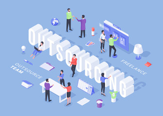 Isometric banner design offering outsourcing workers for remote job