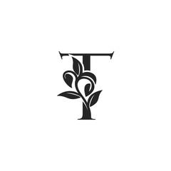 Monogram Nature Floral T Luxury Letter Logo Concept. Elegance black and white florist alphabet font vector design template.