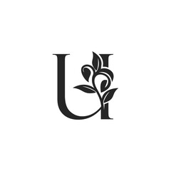 Monogram Nature Floral U Luxury Letter Logo Concept. Elegance black and white florist alphabet font vector design template.