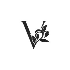 Monogram Nature Floral V Luxury Letter Logo Concept. Elegance black and white florist alphabet font vector design template.
