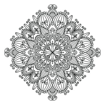 Geometric mandala for coloring book for adults. Vector outline illustration for art therapy. Isolated line art with doodle and pattern for relaxing at home. Round and rhombus pattern.