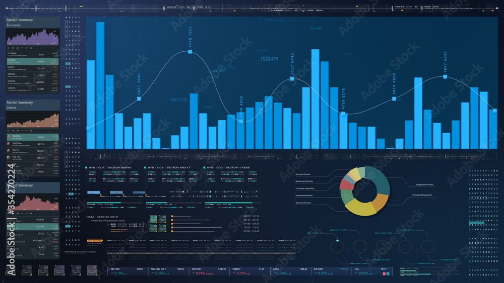Poster business stock market, trading, info graphic with animated graphs, charts and data numbers insight a