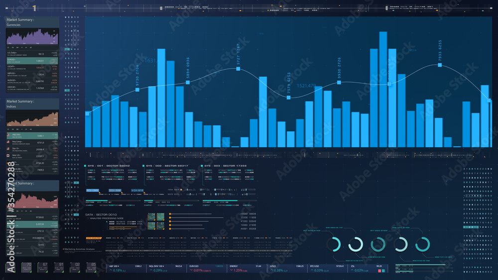 Poster business stock market, trading, info graphic with animated graphs, charts and data numbers insight a