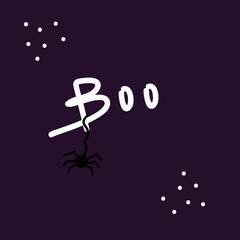 White inscription on a violet background Boo. Decor for Halloween. Lettering with a spider.