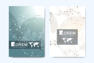 Modern vector template for brochure, Leaflet, flyer, advert, cover, catalog, magazine or annual report. Business, science, medical design. Scientific cybernetic dots. Lines plexus. Card surface