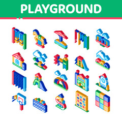 Playground Children Icons Set Vector. Isometric Basketball And Climbing Wall, Seesaw And Swing In Horse Form Playground Attraction Illustrations