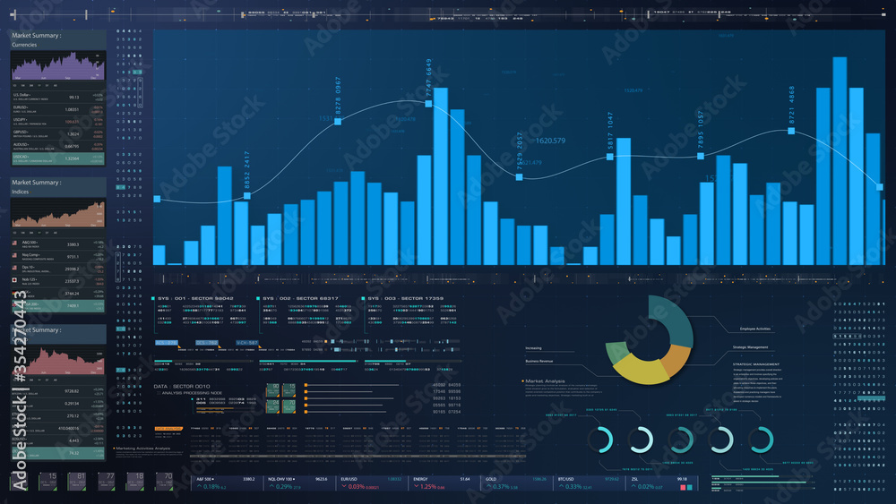 Fototapete Business stock market, trading, info graphic with animated graphs, charts and data numbers insight analysis to be shown on monitor display screen for business meeting mock up theme