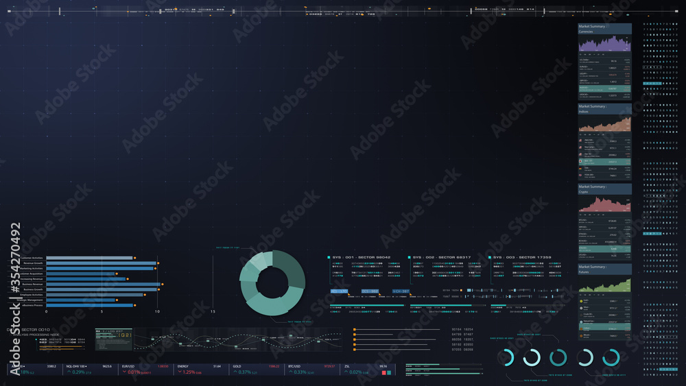 Leinwandbilder Business stock market, trading, info graphic with animated graphs, charts and data numbers insight analysis to be shown on monitor display screen for business meeting mock up theme