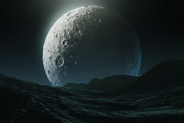 big moon rising over mountains, surreal 3d illustration