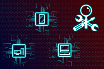 Repair, maintenance of digital, video and computer equipment - a symbol in the form crossed screwdriver, wrench and magnifier