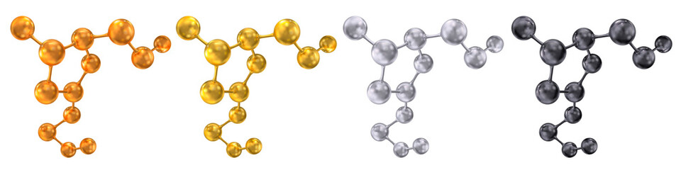 Abstract composition of a molecular lattice. Molecules of gold, silver, black coal, copper. Science and technology concept. Set of vector 3d illustrations on a white background.