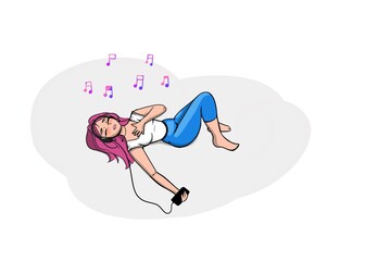 girl listen to headphone cartoon illustration music listener white background