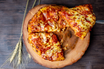 pizza on a wooden board