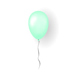 Green balloon 3D, thread, isolated white background. Color glossy flying baloon, ribbon for birthday celebrate, surprise. Helium ballon gift. Realistic shape, design happy bday Vector illustration