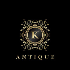 Circle Nature Leaf Luxury Letter K logo. Antique elegance vector design floral ornament on circle frame with gold vintage . Vector logo template, wedding labels and badges