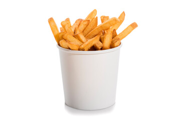 French fries with salt in a white box isolated on white background.