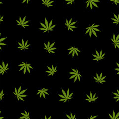 Cannabis seamless pattern. Marijuana leaf, green weed plant. Hashish texture, isolated black background. Hemp psychedelic grass. Fabric print for medical wallpaper. Simple design Vector illustration