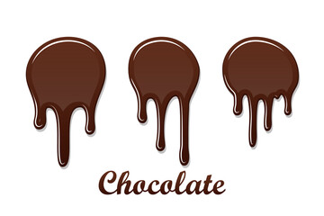 Chocolate drip splash set. Chocolate liquid blot isolated white background. Shape melt dessert spot. 3D realistic stain element. Food decoration. Milk, dark chocolate splashing. Vector illustration