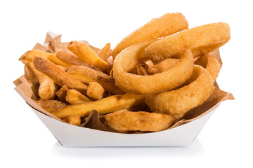 French fries and fried onion rings in a takeaway box isolated on white.