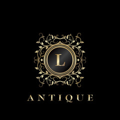 Circle Nature Leaf Luxury Letter L logo. Antique elegance vector design floral ornament on circle frame with gold vintage . Vector logo template, wedding labels and badges