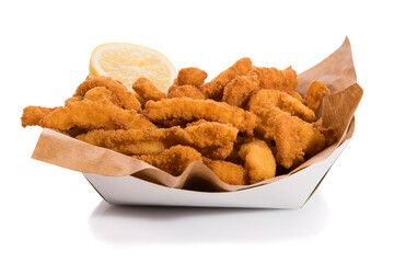 Takeaway box of rabas, fried squid with lemon isolated on white.
