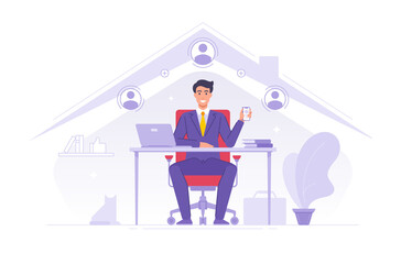 Businessman using app for remote job work at home vector illustration