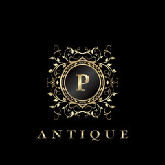 Fototapeta premium Circle Nature Leaf Luxury Letter P logo. Antique elegance vector design floral ornament on circle frame with gold vintage . Vector logo template, wedding labels and badges