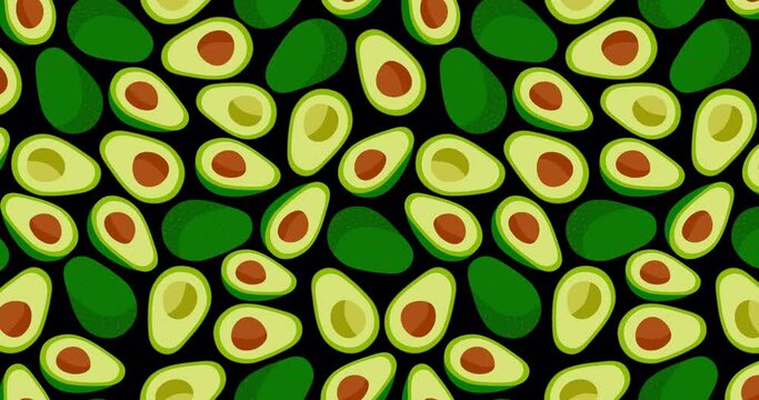 Seamless vector pattern with avocado on a black background. Loop animation 4K