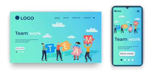 Fototapeta na wymiar Team work.People hold puzzles in their hands.Template for the user interface of the site's home page.Landing page template.The adaptive design of the smartphone.vector illustration.