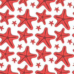 Fototapeta na wymiar Seamless pattern with red starfish on white background. Vector image.