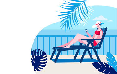 A girl in a bathing suit and hat with a phone in her hand is sunbathing on a terrace by the sea. Vector illustration in flat style. Template for a horizontal banner.