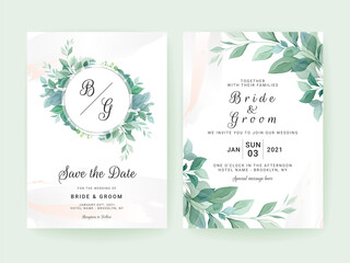 Greenery wedding invitation template set with leaves frame and border with watercolor background. Floral decoration vector for save the date, greeting, thank you, rsvp, etc