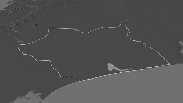 Maritime, region with its capital, zoomed and extruded on the bilevel map of Togo in the conformal Stereographic projection. Animation 3D