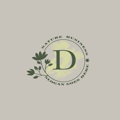 Circle nature tree D letter logo with green leaves in circle line shape for Initial business style with botanical leaf elements vector design.