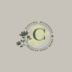 Circle nature tree C letter logo with green leaves in circle line shape for Initial business style with botanical leaf elements vector design.