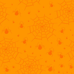 Halloween orange background with orange drawn spiders and spiderweb