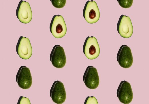 Avocado pattern animation isolated on pink background.	