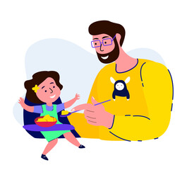 Happy Smiling Father Feeding his Daughter Playing.Young Adult Parent.Baby Girl Sitting on Highchair.Man Communicate with Little Child Kid.Caring Papa.Family Have Fun Together. Flat Vector Illustration