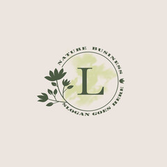 Circle nature tree L letter logo with green leaves in circle line shape for Initial business style with botanical leaf elements vector design.