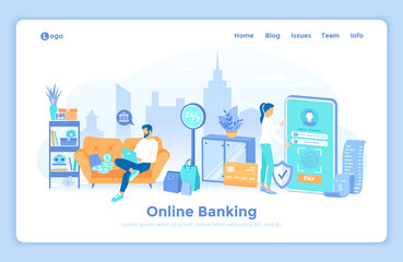 Online internet Banking, mobile payments. Fast easy securely money transactions. Man using laptop for online banking, accounting. Woman pays via phone. landing web page template decorated with people.