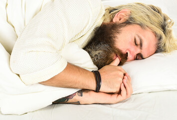 Having nap. Sweet dreams. Good night. Mental health. Practice relaxing bedtime ritual. Man with sleepy face lay on pillow. Fast asleep concept. Man with beard relaxing. Hipster with beard fall asleep