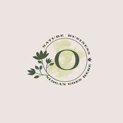 Circle nature tree O letter logo with green leaves in circle line shape for Initial business style with botanical leaf elements vector design.
