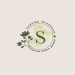 Circle nature tree S letter logo with green leaves in circle line shape for Initial business style with botanical leaf elements vector design.