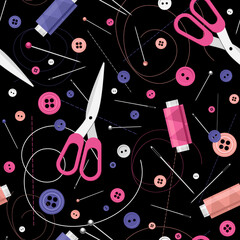 Seamless pattern with colorful spools of thread, buttons for clothes, needles for sewing and needlework on black background.