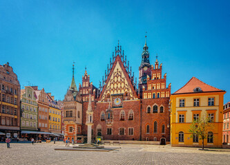 WROCLAW,POLAND. Сentral Market Squar with Gothic Old Town Hall In Sunny Day. Wroclaw town hall in sunny day. Rathaus