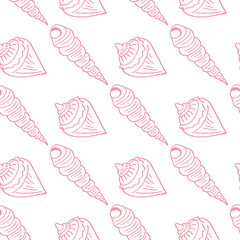 Seamless pattern with pink sea shells on white background. Vector image.