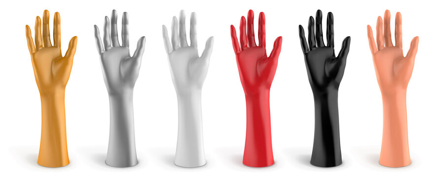 Mannequin of plastic female hand white, black, gold, silver, red, beige color. Jewelry holder. Palm of hand. Vector 3d realistic illustration on a white background.