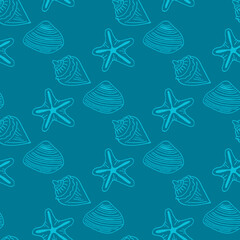 Seamless pattern with light blue sea shells and starfish on dark blue background. Vector image.