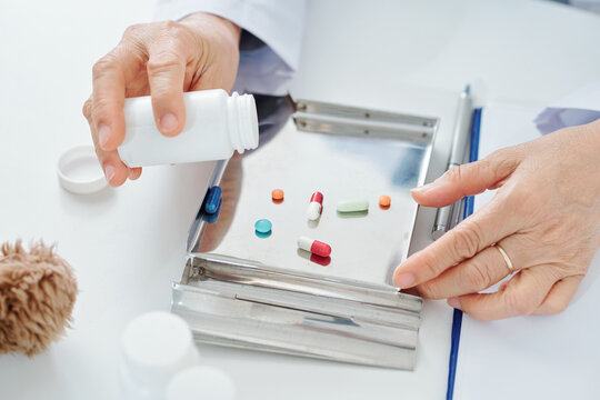 General practitioner putting pills and tablets in stainless steel tray for easy sorting and counting